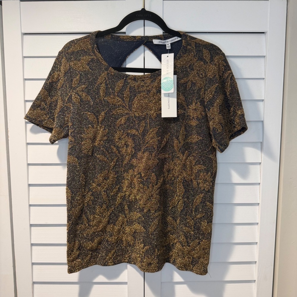 Collective Concepts Carinna Shimmer Knit Top Gold Navy Floral Metallic XL New‎